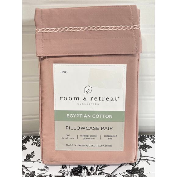 Room & Retreat NWT Egyptian Cotton Pillowcase Pair King Embroidered Pale Rose - Picture 1 of 5